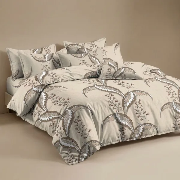 Cream_Premium_Feather_Print_Satin_Bedding_Set_With__And_Pillow_Covers