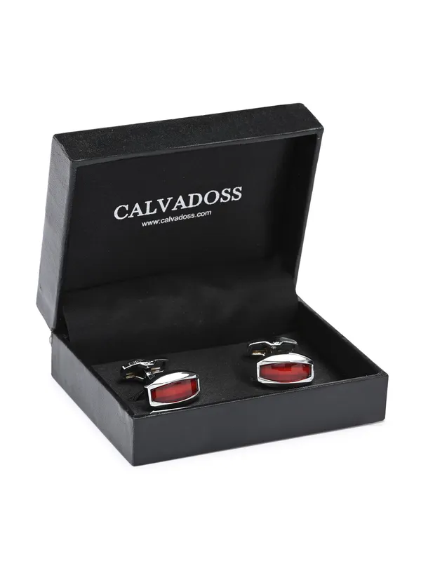 Calvadoss_Silver-Toned_&_Red_Geometric_Cufflinks