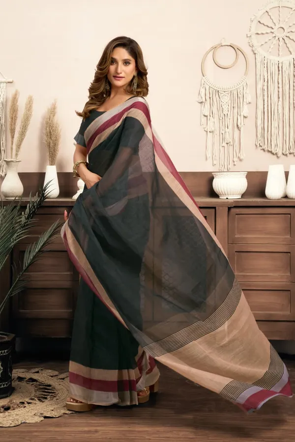 Black_&_Maroon_Cotton_Linen_Printed_1-Minute_Saree_With_Blouse_For_Women