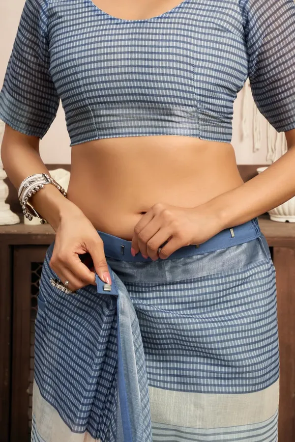 Blue_&_White_Cotton_Linen_Striped_Printed_1-Minute_Saree_With_Blouse_For_Women
