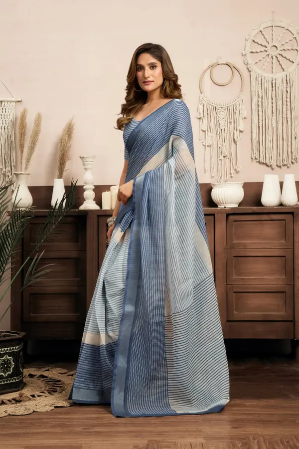 Blue_&_White_Cotton_Linen_Striped_Printed_1-Minute_Saree_With_Blouse_For_Women