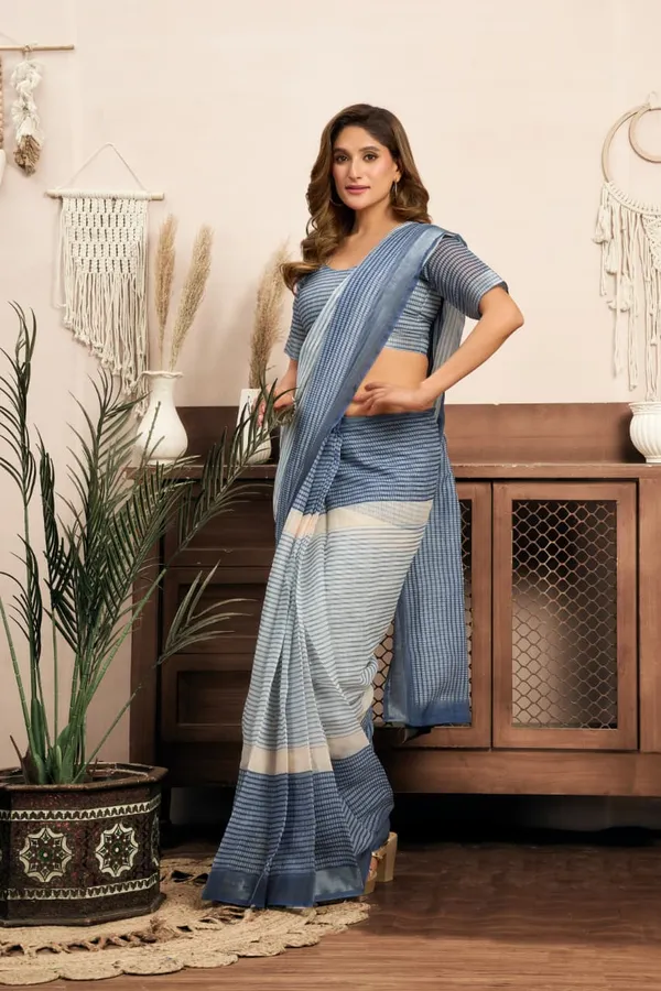 Blue_&_White_Cotton_Linen_Striped_Printed_1-Minute_Saree_With_Blouse_For_Women