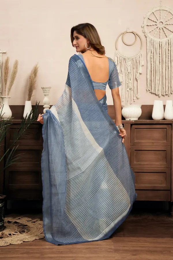 Blue_&_White_Cotton_Linen_Striped_Printed_1-Minute_Saree_With_Blouse_For_Women