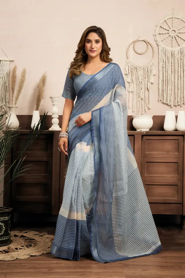 Blue_&_White_Cotton_Linen_Striped_Printed_1-Minute_Saree_With_Blouse_For_Women
