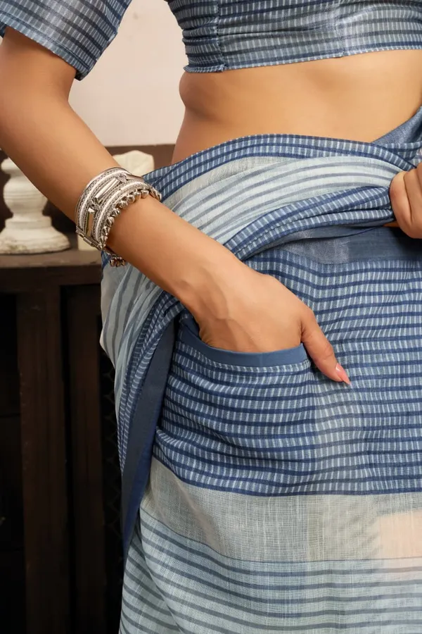 Blue_&_White_Cotton_Linen_Striped_Printed_1-Minute_Saree_With_Blouse_For_Women