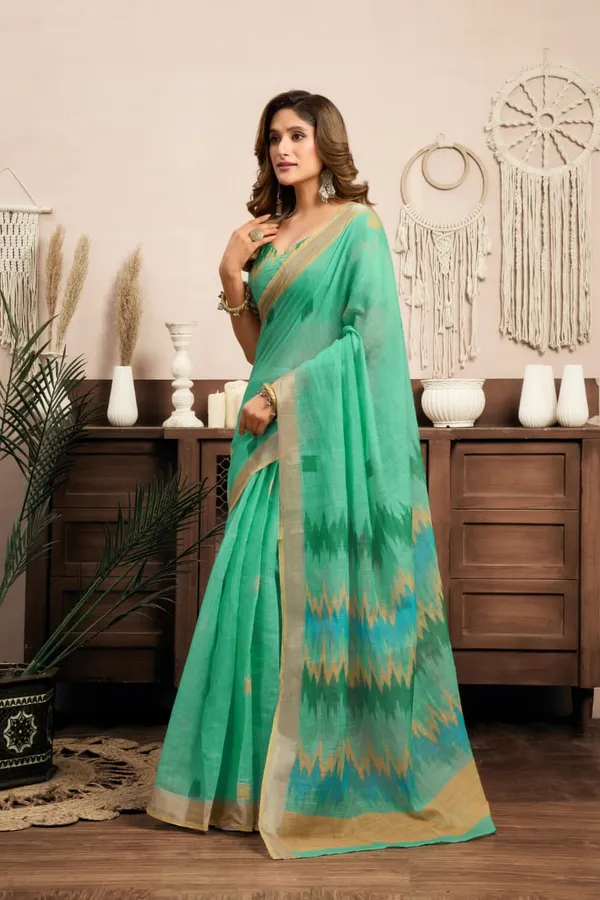 Light_Green_Elegant_Cotton_Linen_Printed_1-Minute_Saree_With_Blouse_For_Women