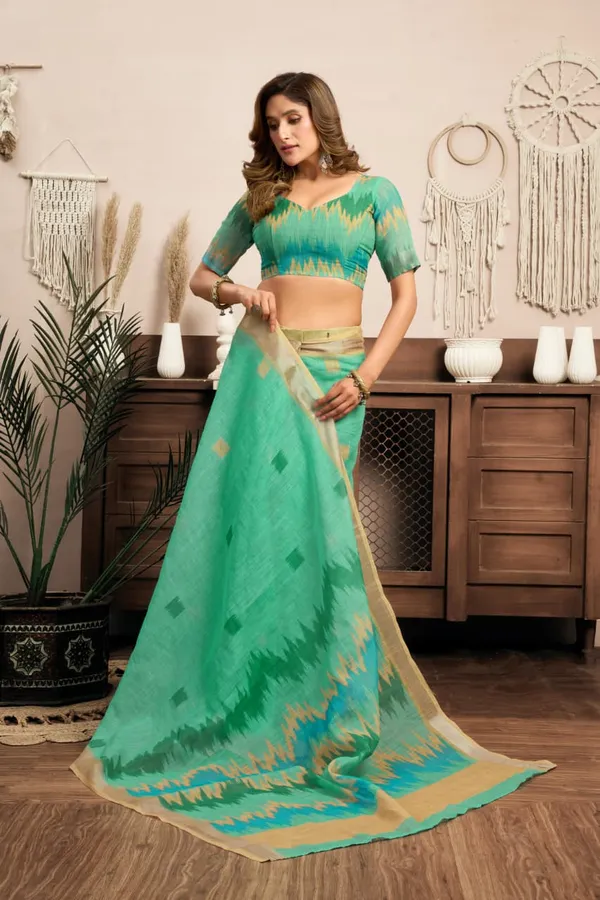 Light_Green_Elegant_Cotton_Linen_Printed_1-Minute_Saree_With_Blouse_For_Women