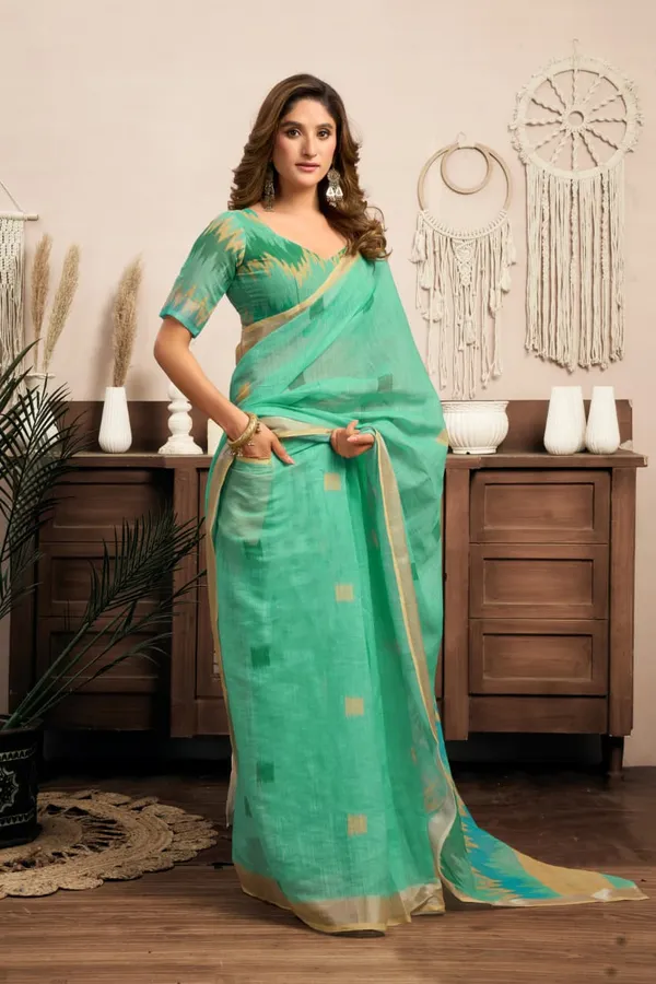 Light_Green_Elegant_Cotton_Linen_Printed_1-Minute_Saree_With_Blouse_For_Women