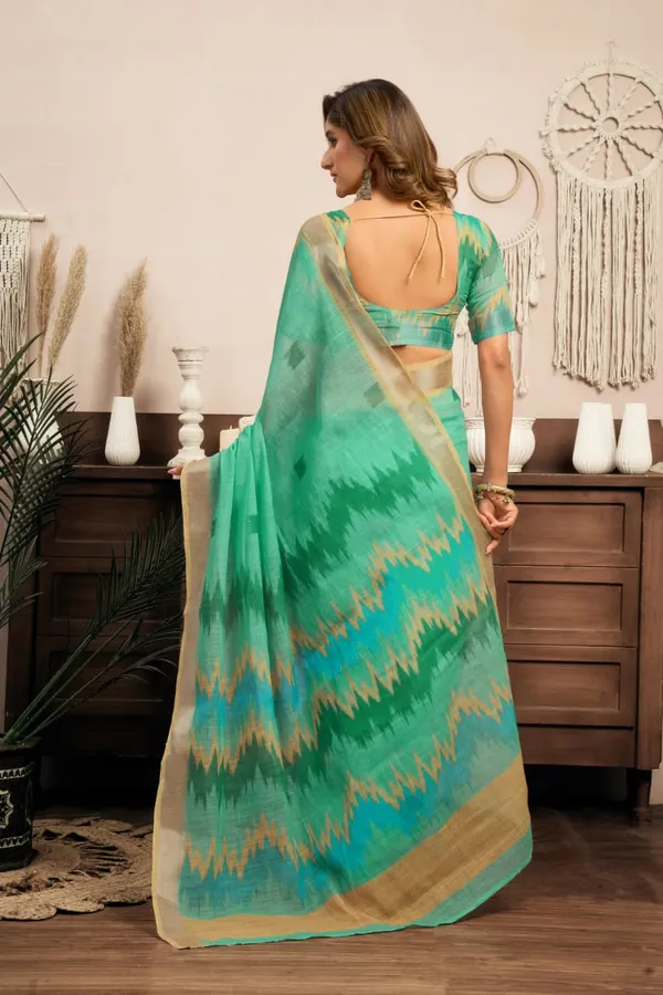 Light_Green_Elegant_Cotton_Linen_Printed_1-Minute_Saree_With_Blouse_For_Women