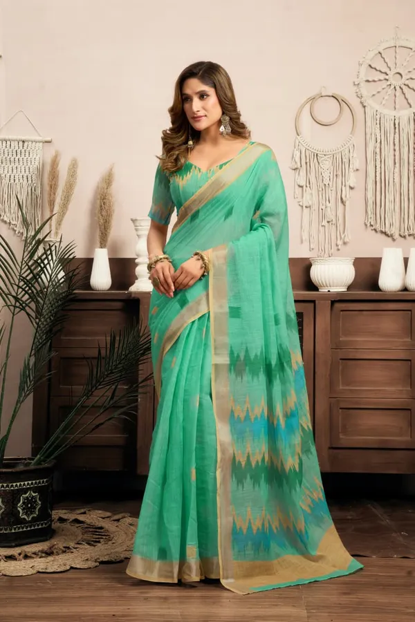 Light_Green_Elegant_Cotton_Linen_Printed_1-Minute_Saree_With_Blouse_For_Women