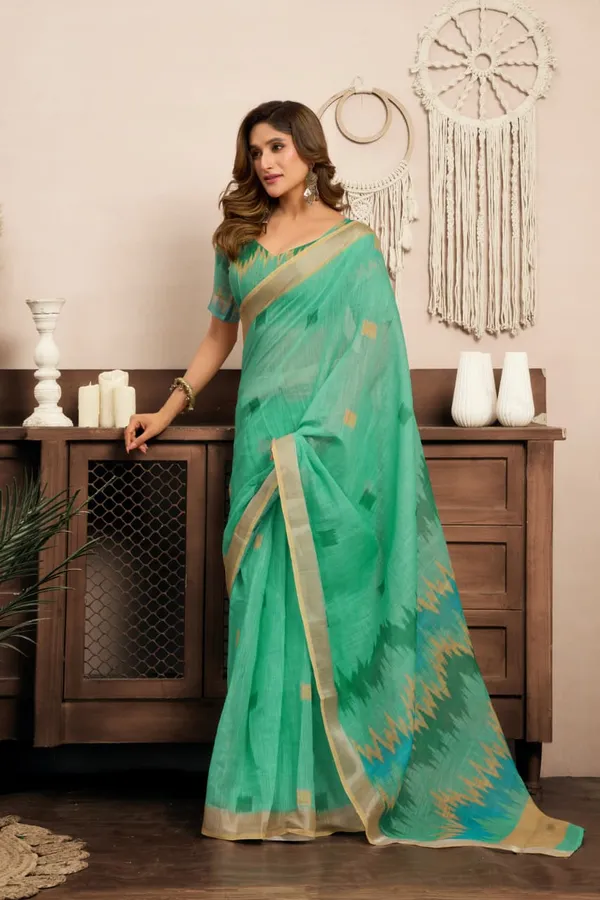 Light_Green_Elegant_Cotton_Linen_Printed_1-Minute_Saree_With_Blouse_For_Women