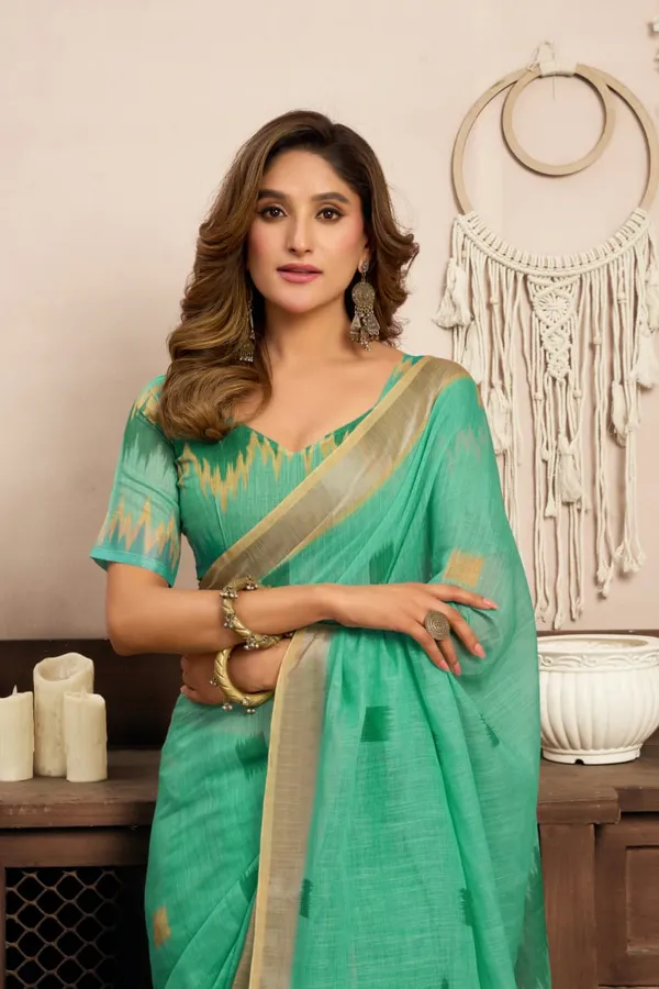Light_Green_Elegant_Cotton_Linen_Printed_1-Minute_Saree_With_Blouse_For_Women