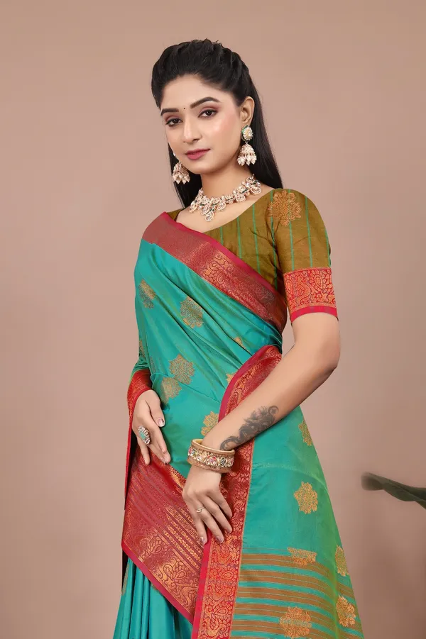 Green_Exquisite_Kanjivaram_Jacquard_Cotton_Silk_Saree_With_Wide_Banarasi_Zari_Border_For_Women