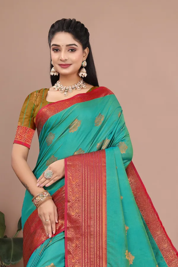 Green_Exquisite_Kanjivaram_Jacquard_Cotton_Silk_Saree_With_Wide_Banarasi_Zari_Border_For_Women