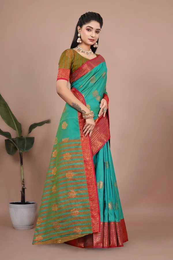 Green_Exquisite_Kanjivaram_Jacquard_Cotton_Silk_Saree_With_Wide_Banarasi_Zari_Border_For_Women
