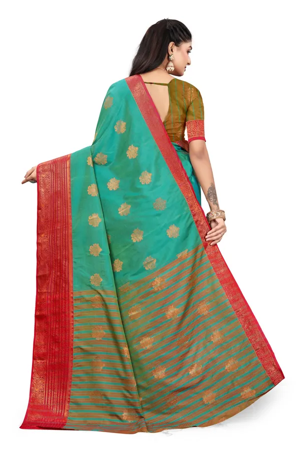 Green_Exquisite_Kanjivaram_Jacquard_Cotton_Silk_Saree_With_Wide_Banarasi_Zari_Border_For_Women
