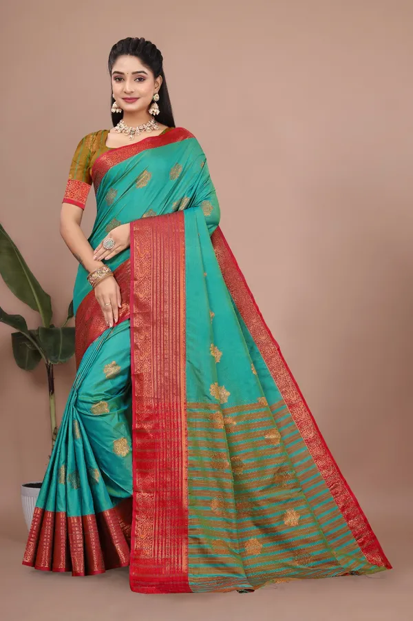 Green_Exquisite_Kanjivaram_Jacquard_Cotton_Silk_Saree_With_Wide_Banarasi_Zari_Border_For_Women