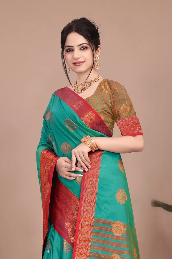 Green_Kanjivaram_Jacquard_Cotton_Silk_Saree_With_Wide_Banarasi_Zari_Border_For_Women