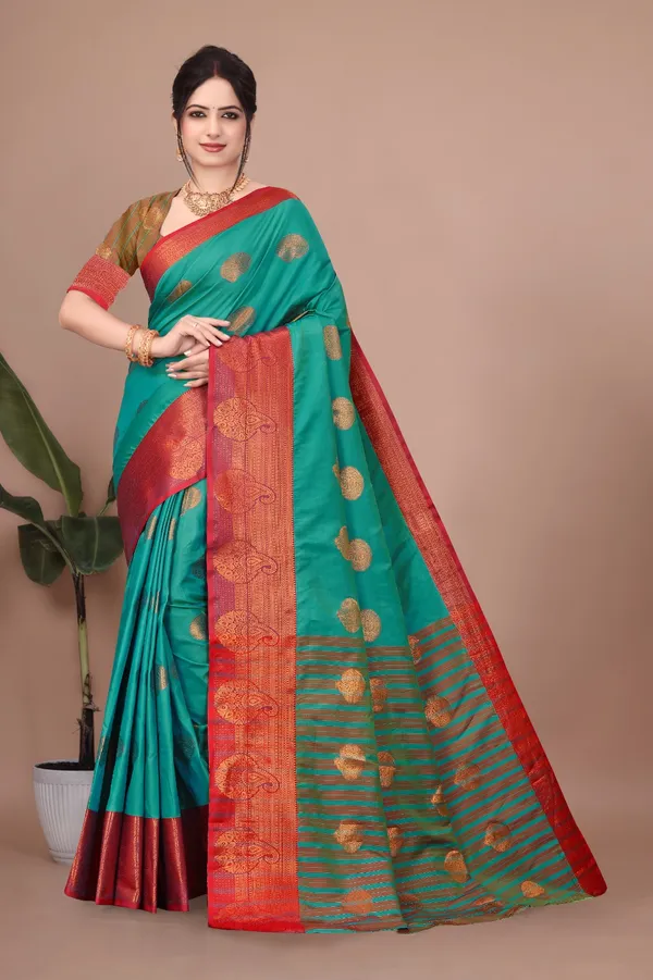 Green_Kanjivaram_Jacquard_Cotton_Silk_Saree_With_Wide_Banarasi_Zari_Border_For_Women