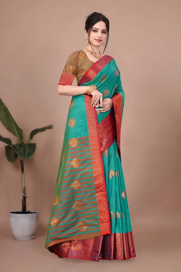 Green_Kanjivaram_Jacquard_Cotton_Silk_Saree_With_Wide_Banarasi_Zari_Border_For_Women