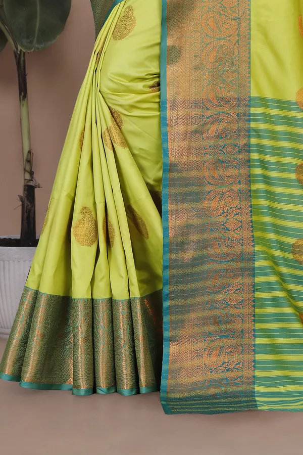 Lemon_Yellow_Kanjivaram_Jacquard_Cotton_Silk_Saree_With_Wide_Banarasi_Zari_Border_For_Women