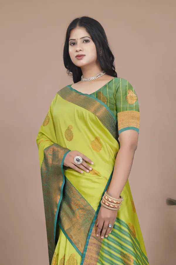 Lemon_Yellow_Kanjivaram_Jacquard_Cotton_Silk_Saree_With_Wide_Banarasi_Zari_Border_For_Women