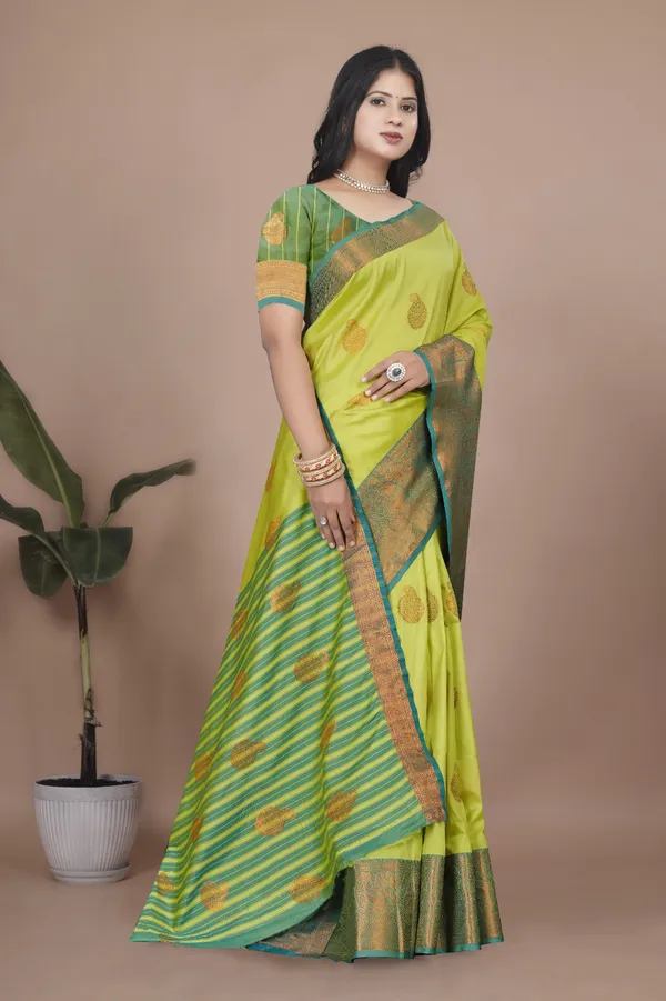 Lemon_Yellow_Kanjivaram_Jacquard_Cotton_Silk_Saree_With_Wide_Banarasi_Zari_Border_For_Women