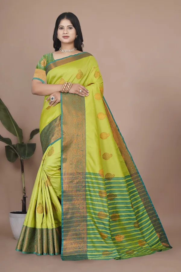 Lemon_Yellow_Kanjivaram_Jacquard_Cotton_Silk_Saree_With_Wide_Banarasi_Zari_Border_For_Women