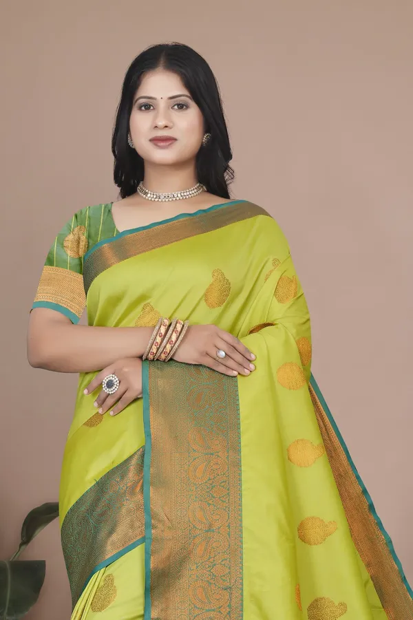 Lemon_Yellow_Kanjivaram_Jacquard_Cotton_Silk_Saree_With_Wide_Banarasi_Zari_Border_For_Women