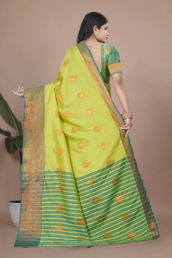 Lemon_Yellow_Kanjivaram_Jacquard_Cotton_Silk_Saree_With_Wide_Banarasi_Zari_Border_For_Women