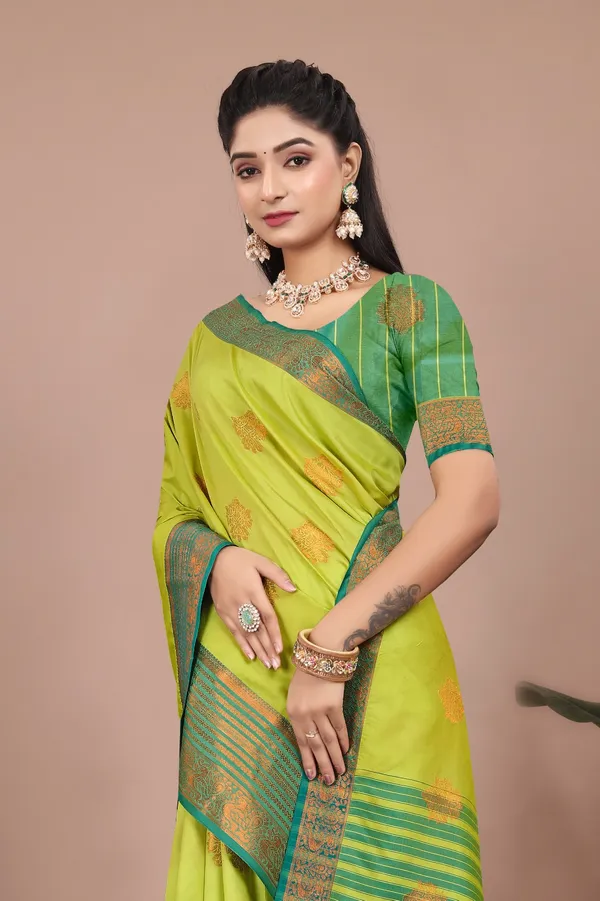 Lemon_Exquisite_Kanjivaram_Jacquard_Cotton_Silk_Saree_With_Wide_Banarasi_Zari_Border_For_Women