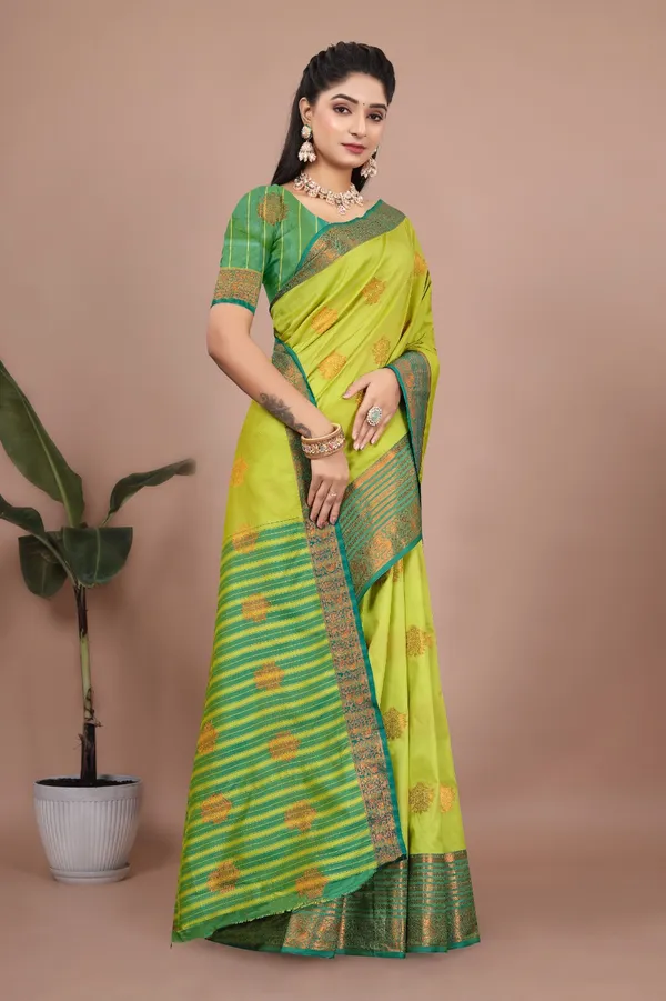 Lemon_Exquisite_Kanjivaram_Jacquard_Cotton_Silk_Saree_With_Wide_Banarasi_Zari_Border_For_Women