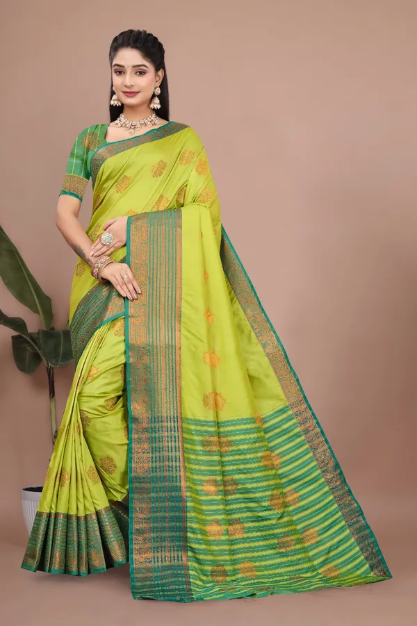 Lemon_Exquisite_Kanjivaram_Jacquard_Cotton_Silk_Saree_With_Wide_Banarasi_Zari_Border_For_Women