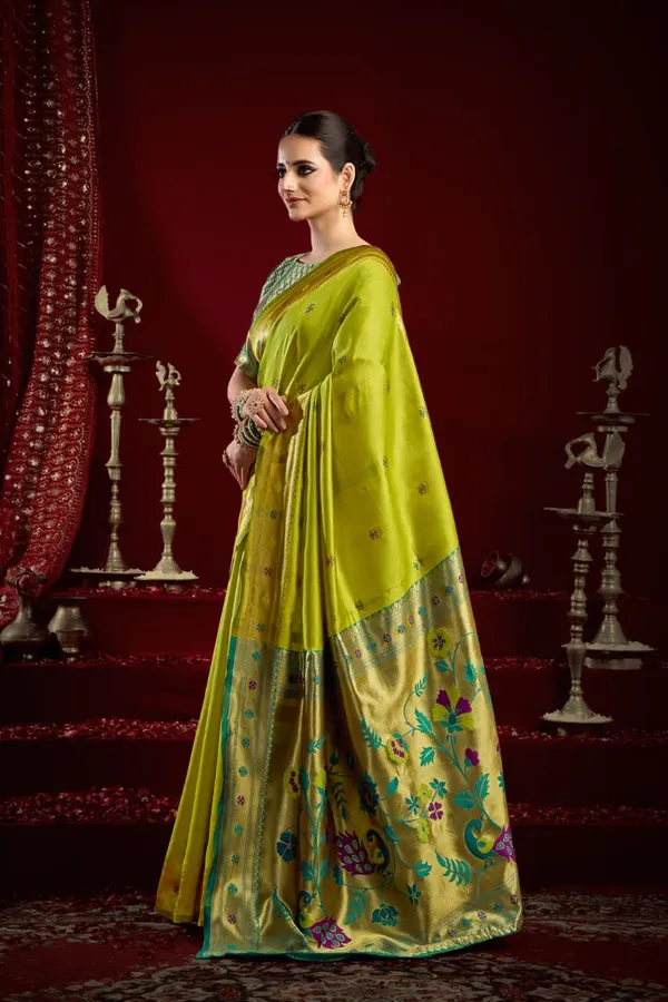 Light_Green_Light_Paithani_Silk_Saree_With_Zari_Pallu_&_Contrast_Blouse_For_Women