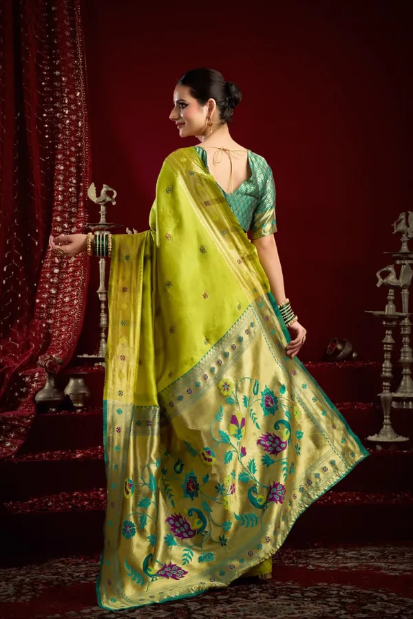 Light_Green_Light_Paithani_Silk_Saree_With_Zari_Pallu_&_Contrast_Blouse_For_Women