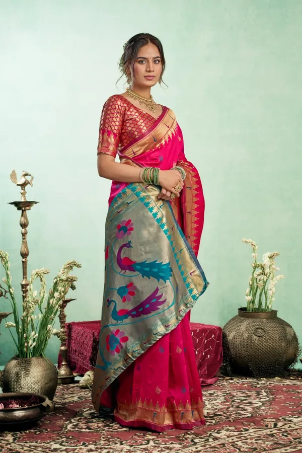 Hot_Pink_Paithani_Silk_Saree_With_Traditional_Zari_Border_And_Peacock_Motif_Pallu_For_Women