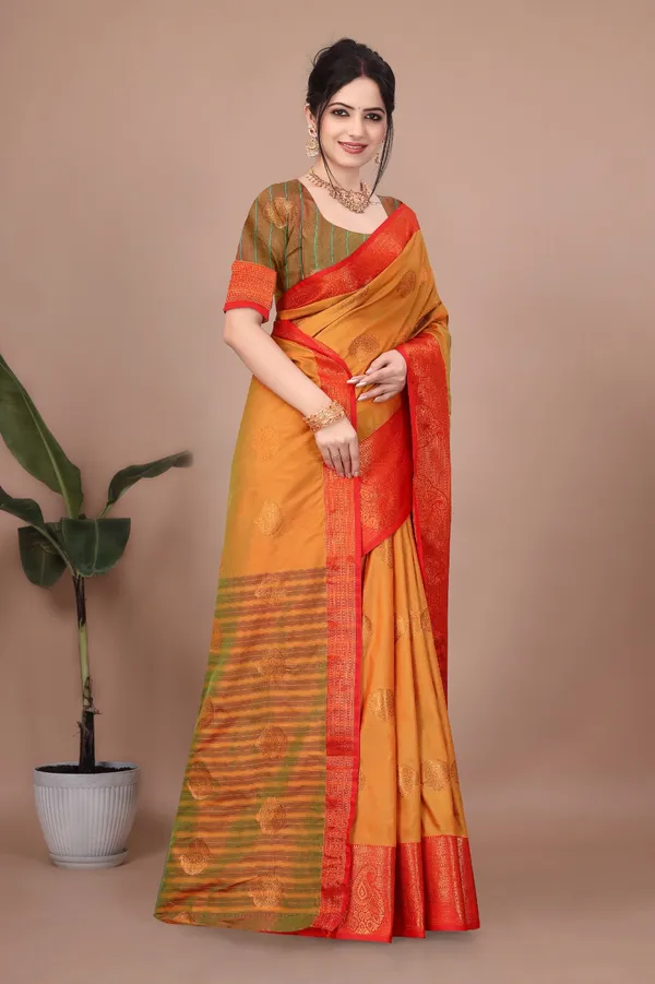 Mustard_Trendy_Banarasi_Woven_Saree_With_Heavy_Jacquard_Work,_Elegant_Design,_Silk_Saree_With_Matching_Lace_Border_Unstitched_Blouse_Piece_For_Weddings_&_Festive_Occasions_For_Women