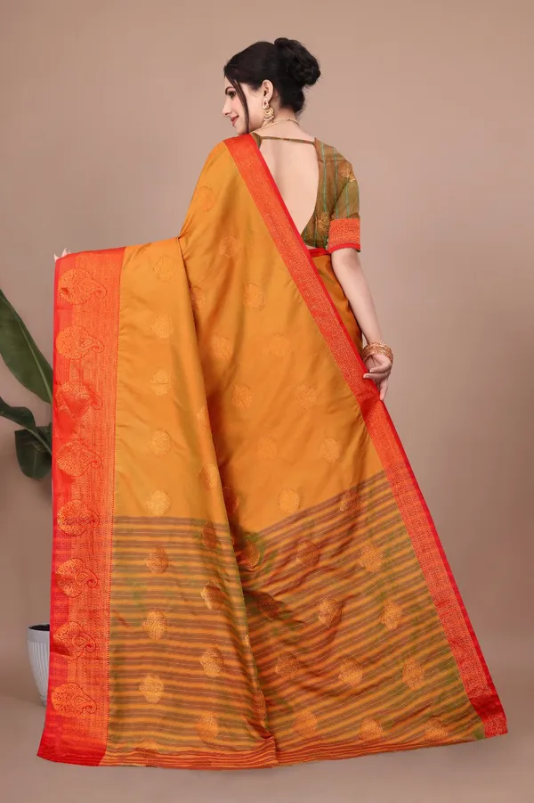 Mustard_Trendy_Banarasi_Woven_Saree_With_Heavy_Jacquard_Work,_Elegant_Design,_Silk_Saree_With_Matching_Lace_Border_Unstitched_Blouse_Piece_For_Weddings_&_Festive_Occasions_For_Women