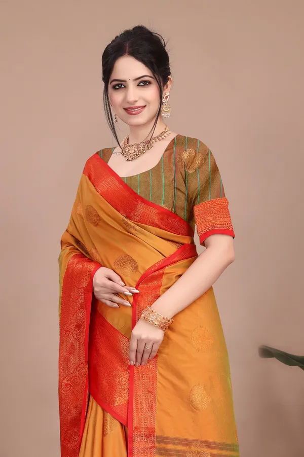 Mustard_Trendy_Banarasi_Woven_Saree_With_Heavy_Jacquard_Work,_Elegant_Design,_Silk_Saree_With_Matching_Lace_Border_Unstitched_Blouse_Piece_For_Weddings_&_Festive_Occasions_For_Women