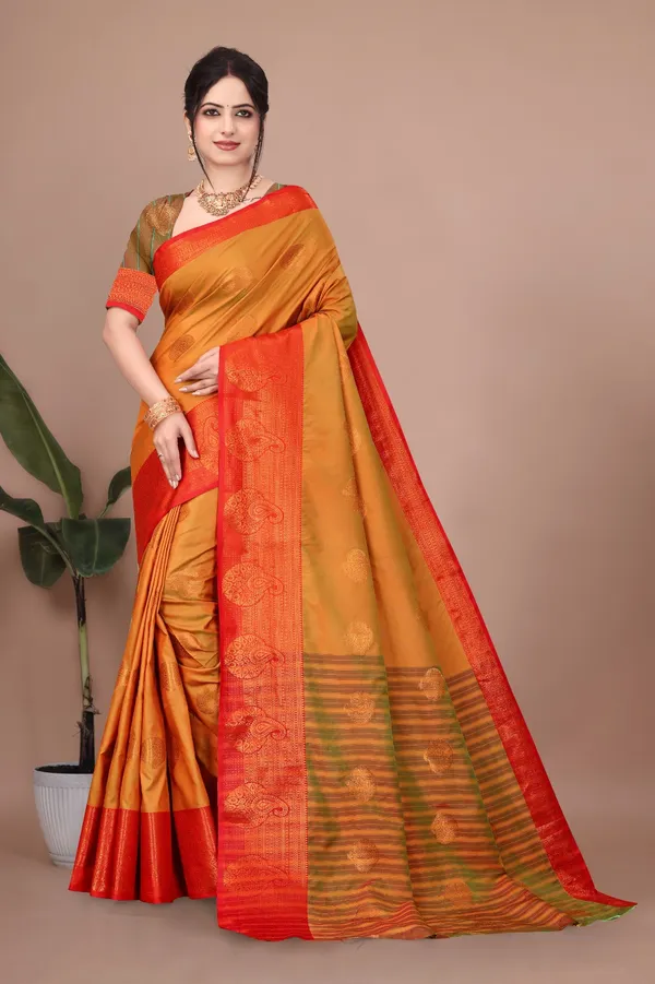 Mustard_Trendy_Banarasi_Woven_Saree_With_Heavy_Jacquard_Work,_Elegant_Design,_Silk_Saree_With_Matching_Lace_Border_Unstitched_Blouse_Piece_For_Weddings_&_Festive_Occasions_For_Women