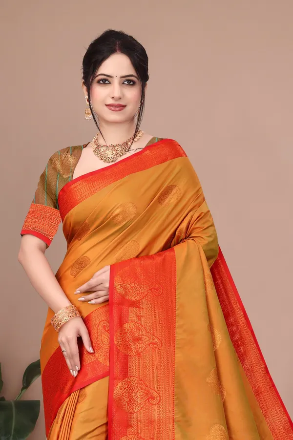 Mustard_Trendy_Banarasi_Woven_Saree_With_Heavy_Jacquard_Work,_Elegant_Design,_Silk_Saree_With_Matching_Lace_Border_Unstitched_Blouse_Piece_For_Weddings_&_Festive_Occasions_For_Women