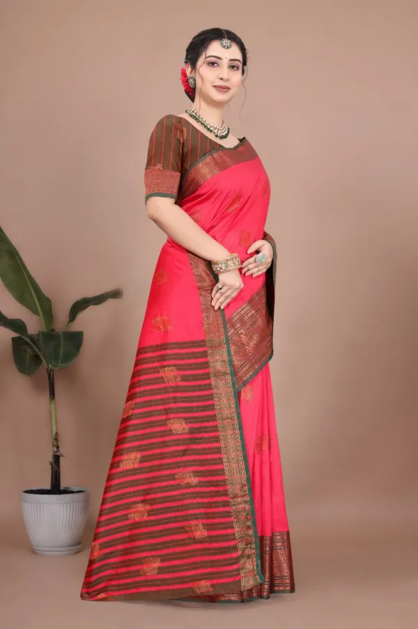 Pink_Kanjivaram_Jacquard_Cotton_Silk_Saree_With_Wide_Banarasi_Zari_Border_For_Women