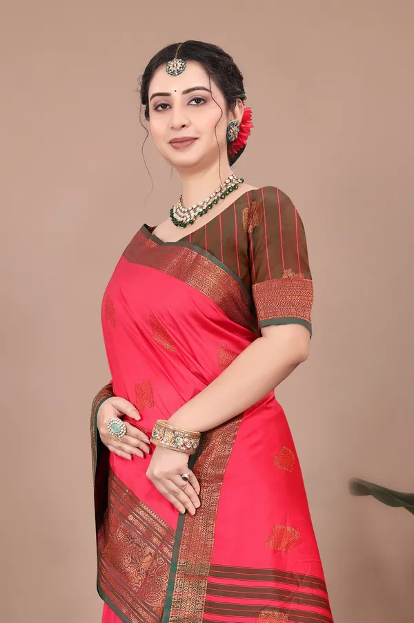 Pink_Kanjivaram_Jacquard_Cotton_Silk_Saree_With_Wide_Banarasi_Zari_Border_For_Women