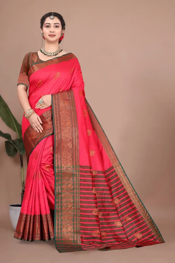 Pink_Kanjivaram_Jacquard_Cotton_Silk_Saree_With_Wide_Banarasi_Zari_Border_For_Women