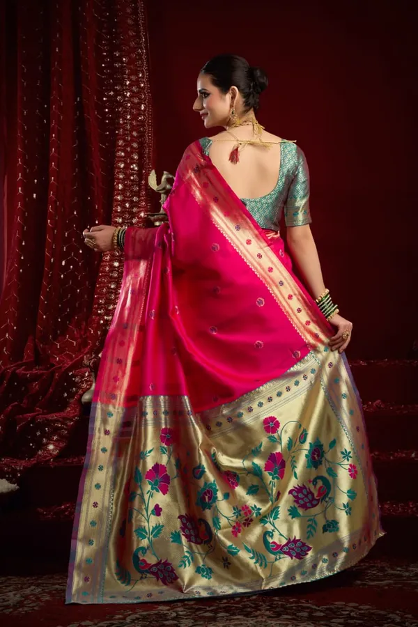 Pink_Paithani_Silk_Saree_With_Zari_Pallu_&_Contrast_Blue_Blouse_For_Women