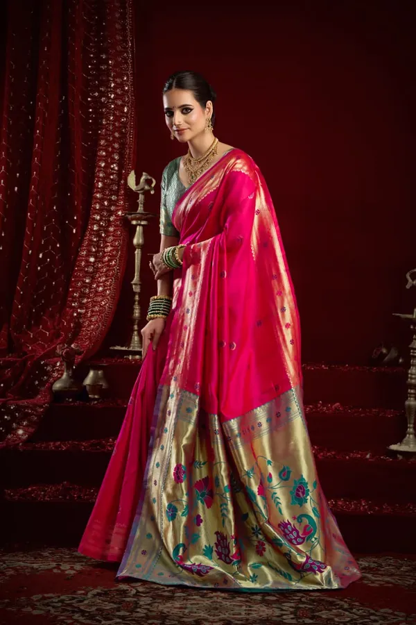 Pink_Paithani_Silk_Saree_With_Zari_Pallu_&_Contrast_Blue_Blouse_For_Women