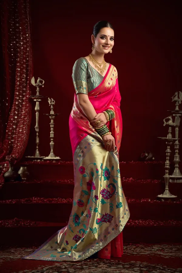 Pink_Paithani_Silk_Saree_With_Zari_Pallu_&_Contrast_Blue_Blouse_For_Women