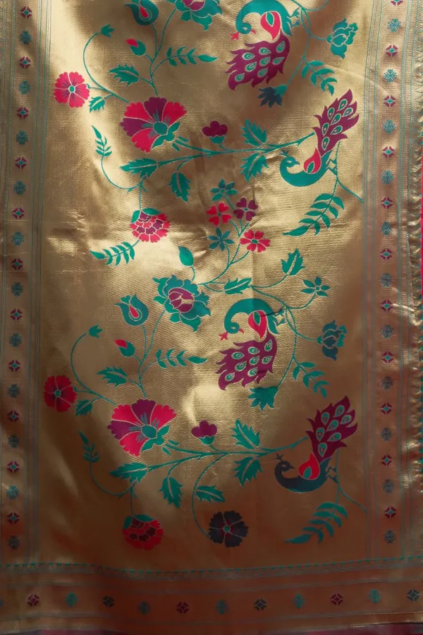 Pink_Paithani_Silk_Saree_With_Zari_Pallu_&_Contrast_Blue_Blouse_For_Women