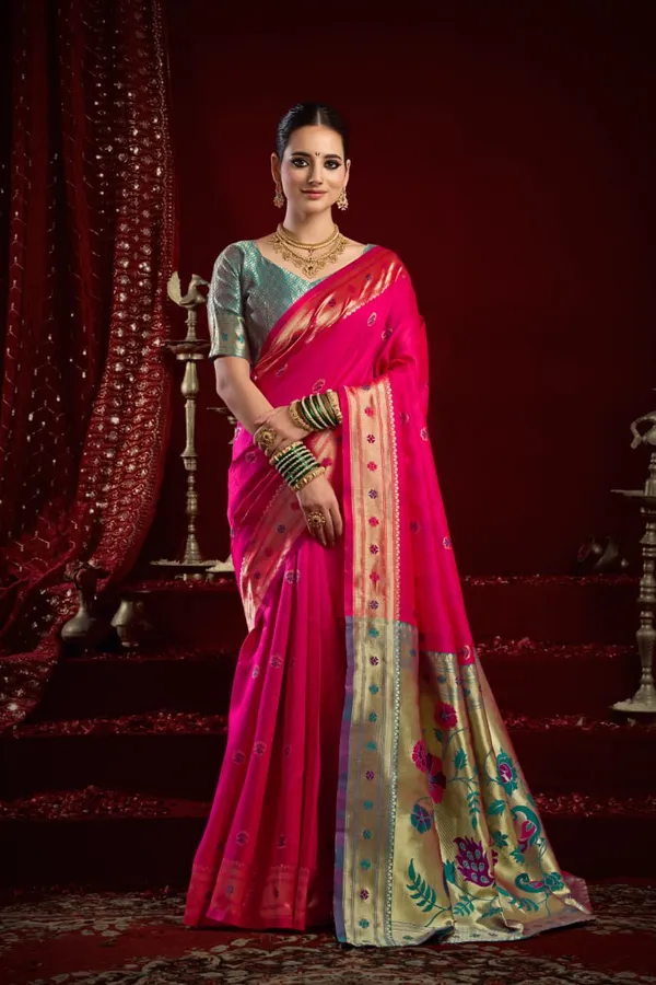 Pink_Paithani_Silk_Saree_With_Zari_Pallu_&_Contrast_Blue_Blouse_For_Women