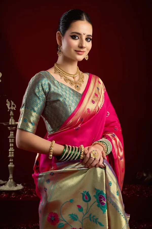 Pink_Paithani_Silk_Saree_With_Zari_Pallu_&_Contrast_Blue_Blouse_For_Women